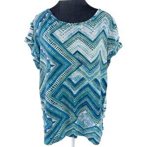 Chicos Blue Green Art Geo Abstract Chevron Stripe Knit Top Button Shoulder XL 3